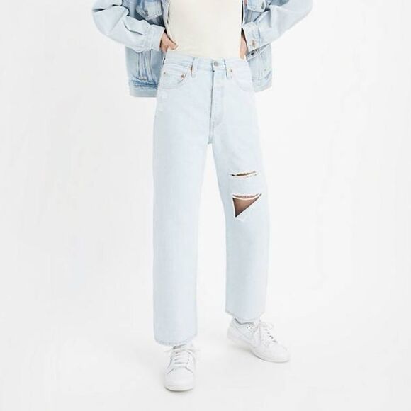 Levi’s Premium Ribcage Straight Ankle Light Wash High Rise Distressed Jeans - Picture 7 of 12